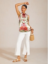 abordables Graphic Tank-Hawaii Palm Silky Satin Floral Top