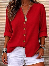  Damen Waffelshirt Elegantes Urlaub Tägliches V-Ausschnitt Lange Tops Tägliches Urlaub Strandbekleidung Blau Gelb Orange Sommer Frühling