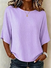 preiswerte Hemden-Damen Hemden in Leinenoptik Bluse Druck Grafik Gestreift Bohemien Tropisch Stilvoll Dreiviertelarm Rundhalsausschnitt Normale Oberteile Lässig Täglich Urlaubskleidung Blau Rosa Violett Grün Sommer