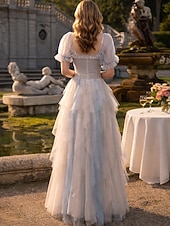 preiswerte Lange Kleider &amp; Abendkleider-A-Linie Bodenlang Abiballkleider Farbblock Feenstil Halbarm Rundausschnitt Hochzeitsgast Hochzeitsfeier Tüll mit Falten Rüschen