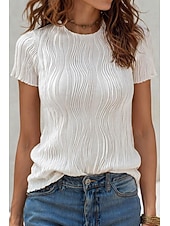 baratos Camiseta lisa-Mulheres Camiseta Textura T-shirt Jacquard Frufru Côr Sólida Elegante Moda à moda Manga Curta Gola Redonda Tops regulares Diário Para Noite Final de semana Preto Branco Vinho Verde Verão Primavera