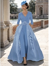 voordelige Mama&amp;#39;s jumpsuits-Broek Strijksleep Moeder van de bruid jurk 3/4 mouw V-hals Elegant Eenvoudig Zwart jurkje Bruiloft gast Formele avonden Stretchstof met Effen kleur