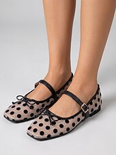 abordables Ballerines femme-Ballerines Mary Jane vintage à pois pour femmes - élégantes ballerines en maille avec nœud décoratif, parfaites pour les escapades insulaires, les brunchs en bord de mer et les soirées d'été dans les stations balnéaires.