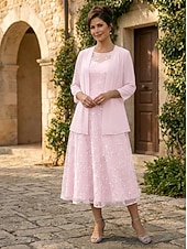 preiswerte Mamas Kleidersets-Zweiteilig A-Linie Knöchellänge Tee-Länge Kleid für Hochzeitsgäste Brautmutterkleid Ärmellos Dreiviertelarm Rundhalsausschnitt Elegant Einfach Minimalistisch Formell Semi-Formal Chiffon Spitze mit