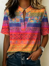abordables Art &amp; Design Blouses-Femmes Chemisier Boutons Imprimé Graphique Géométrique ancien Élégant Moderne Demi Manches Col montant Hauts Réguliers Occasionnel Quotidien Bleu Jaune Violet Orange Été Printemps