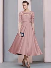 رخيصةأون طول الكاحل-A-الخط طول الساق فستان الحفلة فستان كوكتيل فستان زفاف ضيف فستان أم العروس نصف كم رقبة سكوب أنيق عتيق ضيف حفل زفاف ساتان دانتيل مع روش زينة