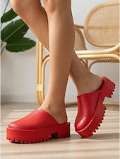 economico Zoccoli e pianelle da donna-mocassini da donna rosso acceso con plateau - comodi zoccoli con suola spessa e punta chiusa e arrotondata &amp;Suola a carrarmato per abbigliamento casual quotidiano, moda street &amp;abiti urbani audaci