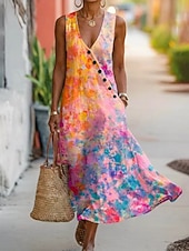 cheap Boho Dress-Women's Long Dress Maxi Dress Sundress Casual Dress A Line Dress Elegant Vacation Stylish Beach Holiday Regular Fit Graphic Geometric Sleeveless V Neck Blue Yellow Pink Summer Spring