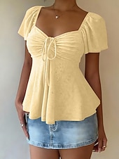 abordables T-shirt uni-Femmes Chemisier Cordon de serrage Œillet Couleur Unie Élégant Sexy Occasionnel Manche Courte Col carré Hauts Réguliers Quotidien Noir Blanche Jaune Rose Claire Bleu Ciel Été Printemps