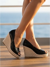 abordables Escarpins Peep Toe-Sandales compensées noires à bout ouvert pour femmes - espadrilles d'été à talons hauts et semelle tressée, idéales pour les croisières, les excursions à terre et les dîners élégants.