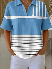  Жен. Вафельная рубашка Повседневная рубашка Летние вершины Графика Геометрический принт Винтаж Стиль С короткими рукавами Обычные топы Повседневные на открытом воздухе Офис Белый и синий Цвет радуги