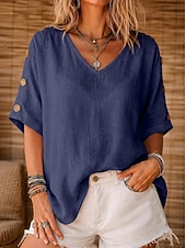 economico Camicie-Per donna Camicia Camicie di cotone e lino Blusa Bottoni Tinta unica Essenziale Casual Manica Corta Manica a pipistrello Collo a U Top Regolari Casuale Quotidiano Bianco Giallo Verde chiaro Rosa Rosso