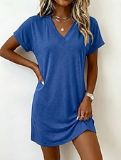 voordelige Witte jurk-Dames Mini-jurk T shirt jurk Basic Klassiek Dagelijks Weekend Normale pasvorm Effen Korte mouw V-hals blauw Zwart Blozend Roze Donkergroen Zomer Lente