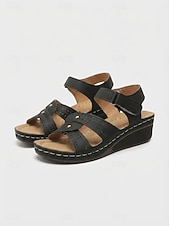 abordables Sandales Plates-Sandales compensées beiges pour femmes avec bride auto-agrippante et design découpé, chaussures à bout ouvert confortables pour la marche, les voyages d'été et les tenues décontractées au quotidien