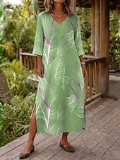 billiga Konst och design klänningar-Dam Maxiklänning Boho-klänning Skiftklänning Solklänning Strandklänning bohemliv Semester Etnisk Strand Helgdag Datum Lös passning Grafisk Abstrakt 3/4 ärm V-hals Blå Himmelsblå Purpur Grön Sommar Vår