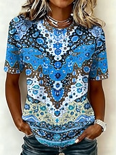 cheap Boho tee-Women's T Shirt Print Graphic Tribal Vintage Stylish Casual Short Sleeve Crew Neck Round Neck Regular Tops Casual Daily Blue Purple Orange Green Summer Spring