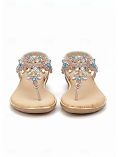 ieftine Sandale plate-sandale plate de damă auriu cu strasuri – sandale boeme elegante cu curea în T pentru vară, vacanțe la plajă și ieșiri casual