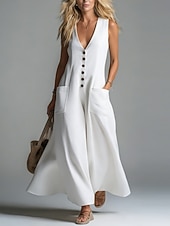 preiswerte Kleider-Damen Maxikleid Kleider in Leinenoptik Shiftkleid Sommerkleid Lässig Täglich Normale Passform Einfach Ärmellos V Ausschnitt Schwarz Weiß Rosa Aprikose Sommer