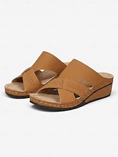 abordables Sandalias deslizantes-Sandalias de cuña sin cordones para mujer con diseño recortado, zapatos ortopédicos de verano cómodos e informales para caminar a diario, usar en la playa y el jardín.