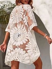 baratos Kaftans-Mulheres Roupa de Banho Cobertura roupa de banho Renda Férias Roupa de Praia Floral Manga Longa Fatos de banho