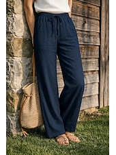 economico Fondi-Pantaloni da donna taglie forti 100% cotone a gamba larga, ideali per vacanze, basic, casual, per tutti i giorni, lunghezza intera, vita alta, tinta unita, coulisse, gamba larga, comodi, ad asciugatura rapida, morbidi, anelastici, grigi, neri, bianchi