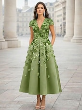 cheap Cocktail Dresses-A-Line Ankle Length Tea Length Cocktail Dresses Elegant Vintage Floral Short Sleeve V Neck Garden Party Wedding Pink Dress Satin Tulle with Embroidered Flower Pleats Embroidery