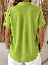 baratos Blusas Simples-Mulheres Blusa Botões Côr Sólida à moda Casual Manga Curta Colarinho de Camisa Tops regulares Diário Azul Branco Rosa Vermelho Verde Verão Primavera Outono