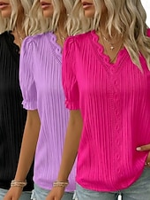  3er-Pack Damenblusen, T-Shirts, Oberteile mit Strukturmuster, Spitze, Patchwork, schlicht, modisch, stilvoll, klassisch, Kurzarm, V-Ausschnitt, normale Oberteile, lässig, für Alltag, Strand, Weiß + Fuchsia + Gelb