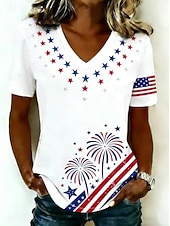  День независимости США Жен. Футболка С принтом Графика Американский флаг Винтаж Стиль Классика С короткими рукавами V-образный вырез Обычные топы Повседневные Черный Белый Темно синий Светло-синий