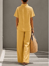 ieftine Seturi-Pentru femei Seturi de pantaloni In din bumbac artificial Manșon scurt Guler de stand Culoare solidă Modă Șic Stradă Casual Zilnic În aer liber Albastru piscină Galben Trifoi Primavara vara Potrivire