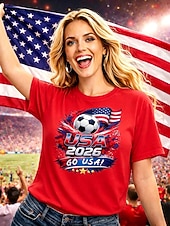 preiswerte Weltfußballspiel-Damen-Fußball-T-Shirt mit Grafikprint, stylisch, klassisch, lässig, Kurzarm, Rundhalsausschnitt, normale Passform, Oberteil für Freizeit, Sport, blau, schwarz, weiß, rot, grün, Sommer, Frühling