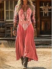  女性用 マキシドレス サンドレス サマードレス 旅行度假风 カジュアル ボヘミアン 日常 ルーズフィット グラフィック カラーブロック エスニック 長袖 Ｖネック ピンク オレンジ グリーン ライトオレンジ 夏 春