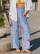 economico gamba larga e vita alta-Per donna Gamba larga Chinos Vacanza Moda Streetwear Lunghezza intera Vita Alta A righe Tasca Fascia Elastica Stampato Comodo Comodità Morbido Elasticizzato All'aperto Vacanza Streetwear Blu Estate