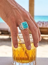 billige Menns smykker-Herre bohemsk ring i legering og turkis, vintage statement-signetring i flere størrelser for strandferie, uformelle sommerantrekk og hverdagsbruk