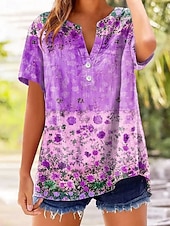 preiswerte Blumen-T-Shirt-Damen T Shirt Blumen Grafik Pflanzen Stilvoll Klassisch Kurzarm V Ausschnitt Normale Oberteile Lässig Täglich Blau Rosa Purpur Sommer Frühling