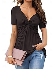 abordables Camiseta lisa-Mujer Camiseta Camiseta superior Frunce Plano Moda Elegante Clásico Manga Corta Escote en Pico Tops regulares Diario Noche Fin de semana Negro Blanco Vino Fucsia Rosa Rojo Verano Primavera