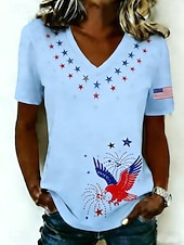  día de la independencia americana Mujer Camiseta Estampado Graphic Bandera estadounidense Vintage Elegante Clásico Manga Corta Escote en Pico Tops regulares Diario Fin de semana Blanco Azul claro