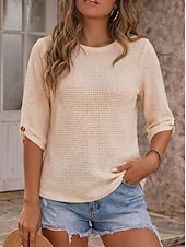billige Plain t-skjorte-Dame Vaffel T-skjorte T-skjorte Helfarge Elegant Årgang Stilfull Halvlange ermer Crew-hals Vanlige topper Avslappet Ut på byen Svart Aprikos Sommer Vår