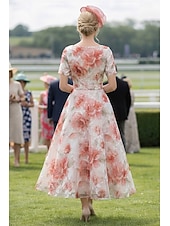 preiswerte Cocktailkleider-A-Linie Tee-Länge Cocktailkleider Kleider für Hochzeitsgäste Elegant Kurzarm U-Boot-Ausschnitt Gartenparty Formell Jacquard mit Blumenmuster Druck