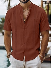 abordables Vacances-Men's Shirt Linen Shirt Summer Shirt Beach Shirt Summer Hawaiian Shirt Solid Color Casual Daily Blue Dark Yellow Navy Blue Green Short Sleeve Collar Spring &amp; Summer Summer Clothing Apparel Ruched