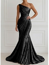 preiswerte Meerjungfrau Abendkleider-Meerjungfrauenschnitt Bodenlange Schleppe Abendkleid Elegant Blumen seidig Ärmellos Ein-Schulter Abendgesellschaft Gartenparty Satin Jacquard mit Gerafft