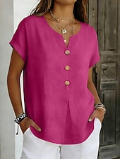 baratos Blusas Simples-Mulheres Blusa Botões Côr Sólida à moda Básico Casual Manga Curta Decote V Tops regulares Diário Azul Preto Branco Rosa Roxo Verão Primavera