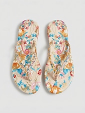 cheap Slide Sandals-Women's Bohemian Floral Print Flip Flops - Tropical Summer Beach Sandals with Braided Straps &amp; Vibrant Flower Patterns for Island Vacations &amp; Poolside Lounging