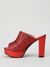 voordelige Platform Sandalen-Rode glitter platform muiltjes voor dames – stevige instapsandalen met blokhak voor de nachtclub of een feestje. &amp;een glamoureuze avond uit