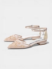 billiga Platta damskor-Women's Champagne Embroidered Ankle Strap Flats – Elegant Garden Party Dress Shoes