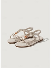 Χαμηλού Κόστους Ισιωμένα σανδάλια-Γυναικεία boho chic φλατ σανδάλια με διακοσμητικές μεταλλικές χάντρες – άνετα υποδήματα για casual και γάμους στην παραλία, καλοκαιρινές εκδηλώσεις και διακοπές