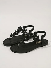 voordelige Platte Sandalen-Elegante zwarte platte sandalen voor dames met bloemenprint - comfortabele sandalen met bandjes en 3D-bloemenapplicatie, perfect voor cruisevakanties en zomerse resortkleding. &amp;avondwandelingen over