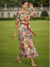 voordelige Enkel Lengte-A-lijn Jurken Tot de enkel Feestjurk Cocktail jurk Moeder van de bruid jurk 3/4 mouw Strakke ronde hals Elegant Vintage Formeel Bruiloft gast Feestdagen Chiffon Tule met Borduurwerk Appliqués Bloem
