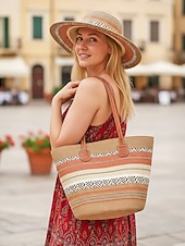 cheap Vacation &amp; Travel Bags-Women's Bohemian Striped Straw Tote Bag and Sun Hat Set, Boho Ethnic Woven Beach Vacation Handbag Set in Multiple Colors for Resort Travel, Casual Summer Outfits and Everyday Wear
