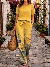 economico Abiti da donna con camicetta-Per donna Set di biancheria in cotone Manica Corta Girocollo Floreale Grafico Elegante Bohemien Quotidiano Casuale Quotidiano Vacanza Giallo Estate Vestibilità regolare